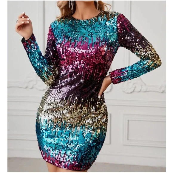 Luxe Sequin Long Sleeve Party Holiday Sexy Dress - Picture 10 of 11